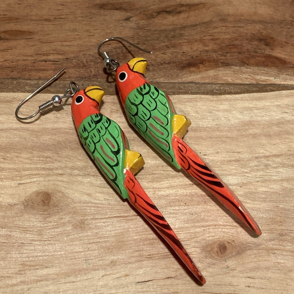 Vtg Hand Painted Brightly Colored PARROT 3" Earrings Dangle